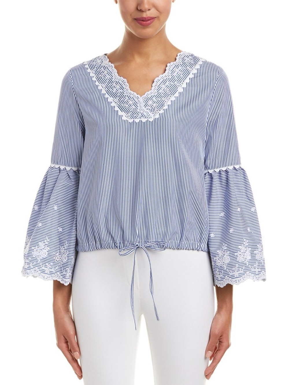 Blue & White Striped Lace-Trim Women's Blouse